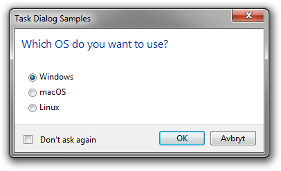 A message box with a blue main instruction, three radio buttons, a confirmation check box in the footer, an OK button, and a Cancel button.